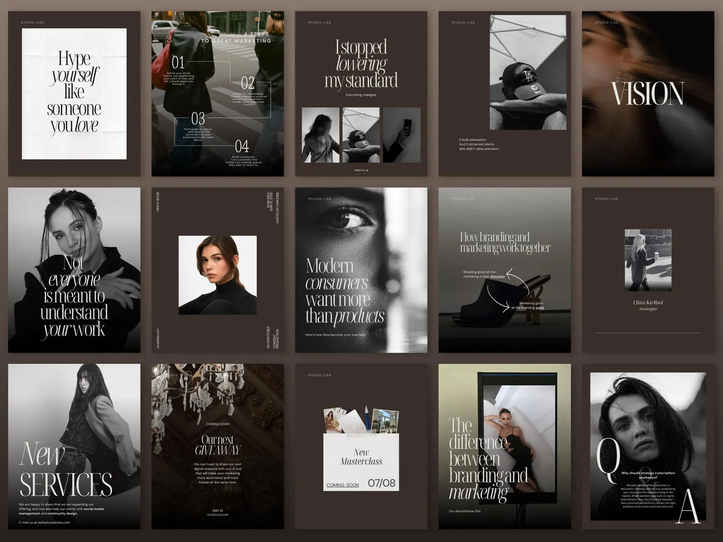 Collection of black and white posters with text and images on a grid layout.