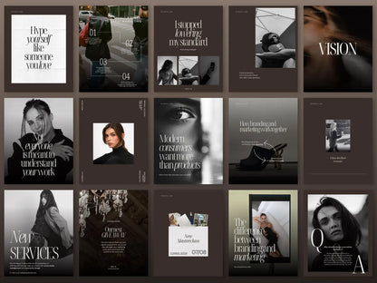 Collection of black and white posters with text and images on a grid layout.