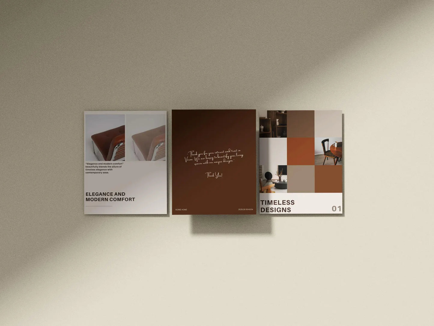 Three wall art panels on a beige wall with text and images.
