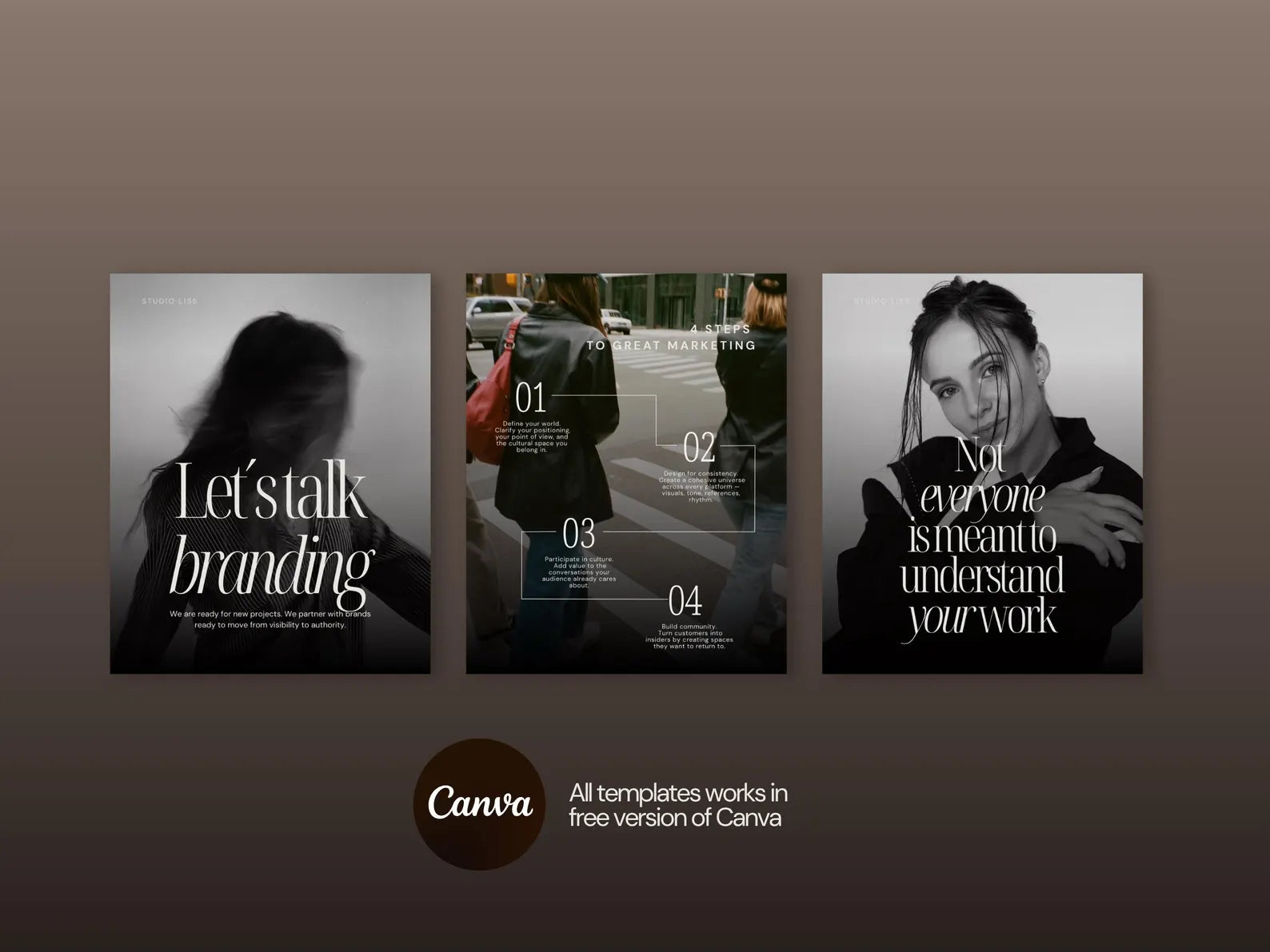 Three promotional posters with text and blurred images on a dark background, featuring the Canva logo.