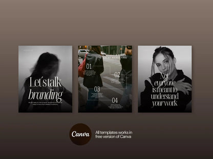 Three promotional posters with text and blurred images on a dark background, featuring the Canva logo.