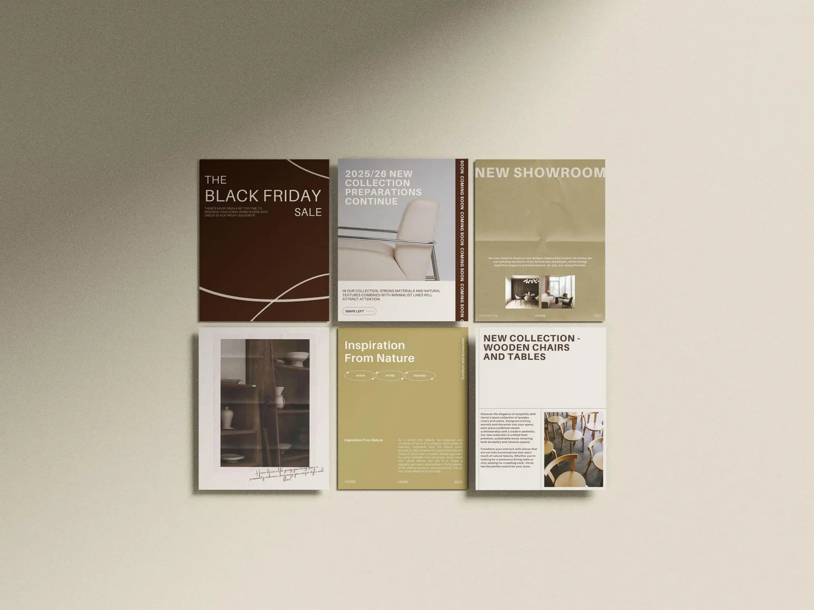 Set of six promotional brochures on a beige wall