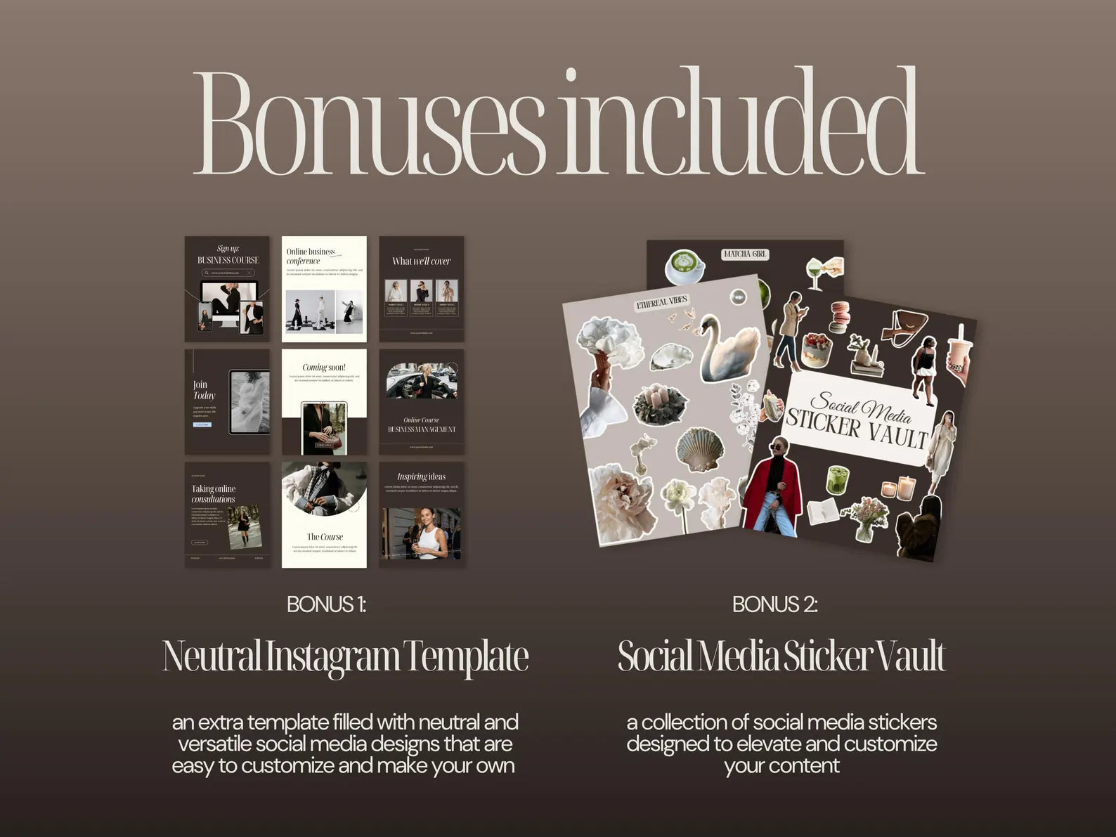Promotional graphic with text 'Bonuses included' and images of a neutral Instagram template and a social media sticker vault on a brown background.