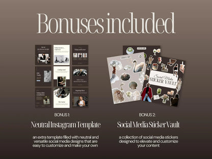 Promotional graphic with text 'Bonuses included' and images of a neutral Instagram template and a social media sticker vault on a brown background.