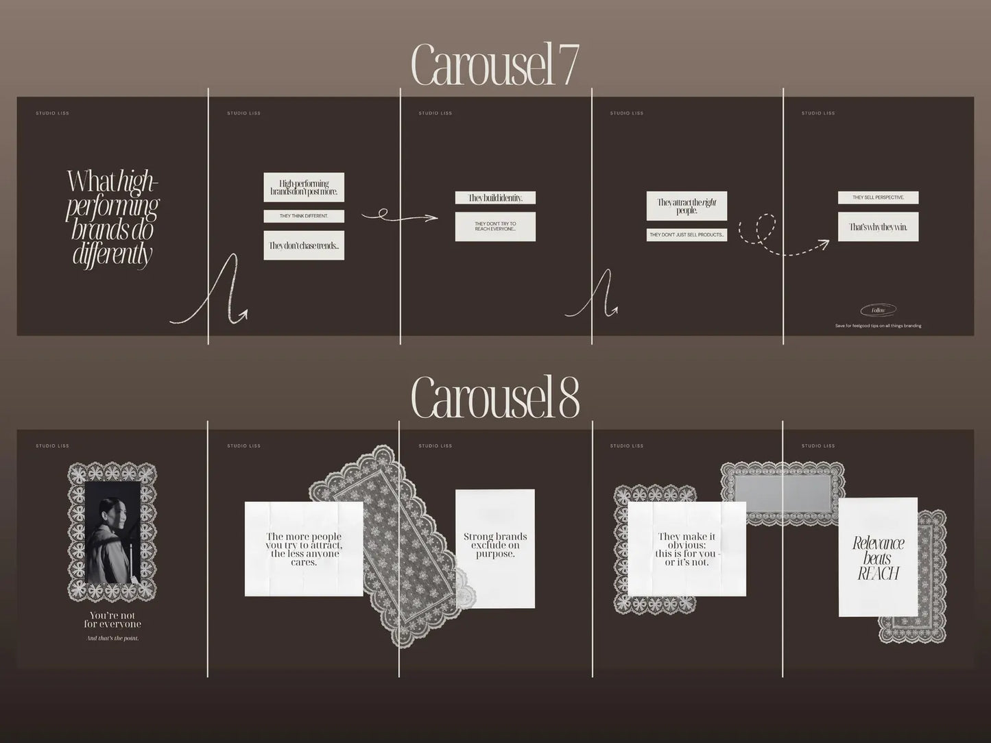 Two carousel slides from a presentation titled 'Carousel 7' and 'Carousel 8' on a dark background.