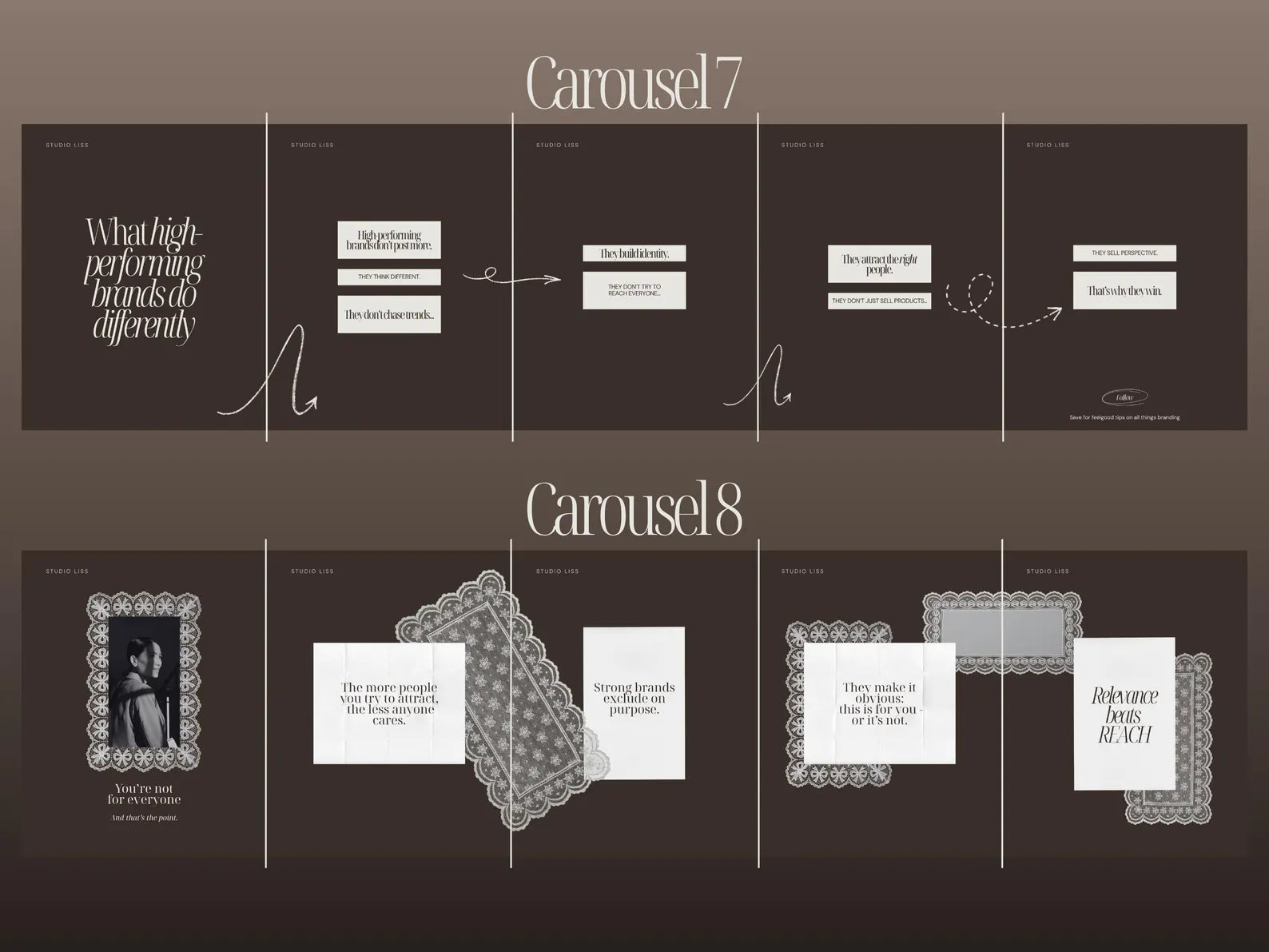 Two carousel slides from a presentation titled 'Carousel 7' and 'Carousel 8' on a dark background.