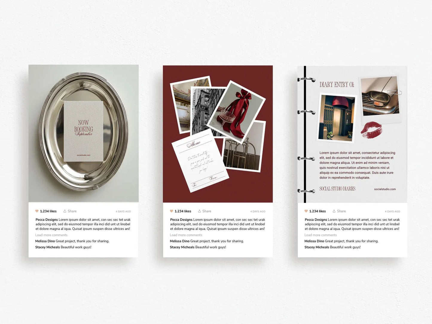 Three design elements on a white background: a silver tray, a red background with photos, and a document with text.