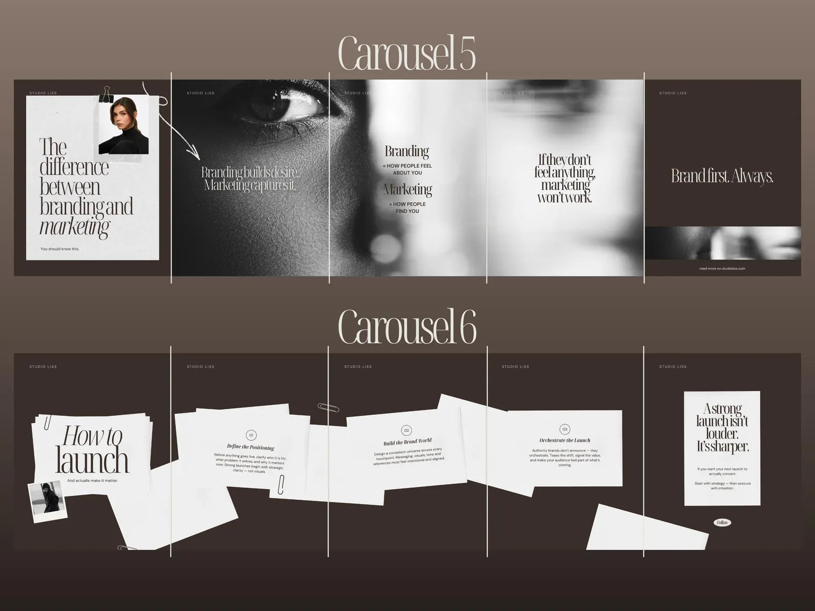 Carousel design with text and images on a dark background