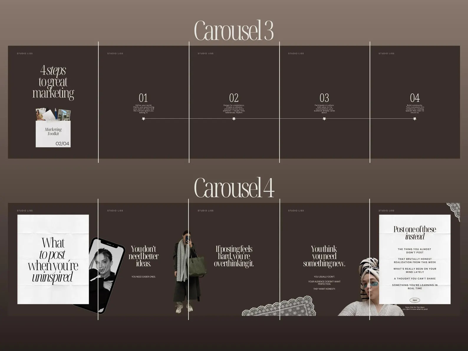 Carousel design with text and images on a dark background