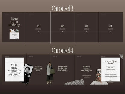 Carousel design with text and images on a dark background