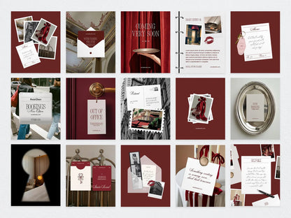 Collection of wedding invitations and stationery items with a red and white color scheme.