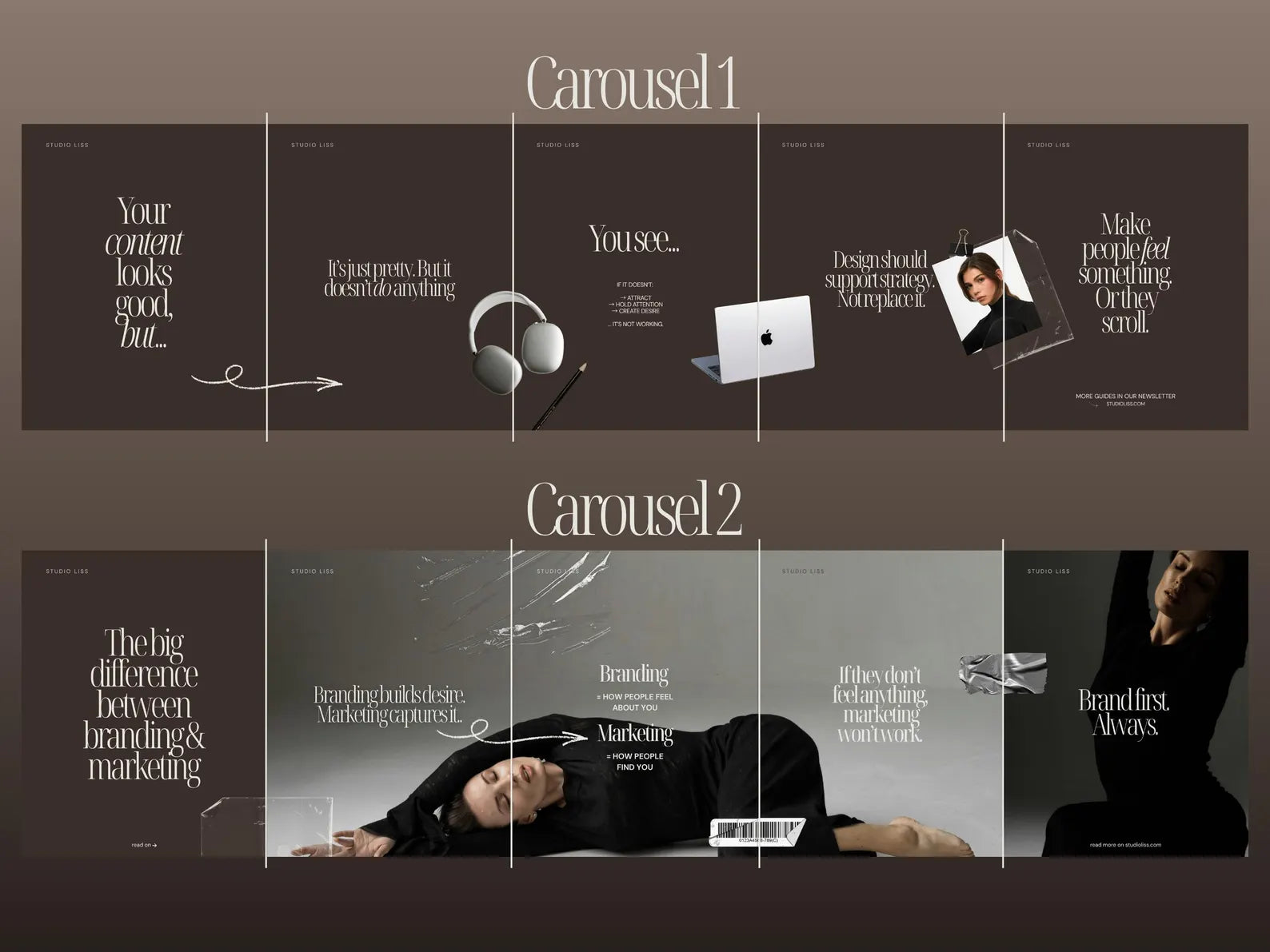 Two carousel slides with text and images on a dark background