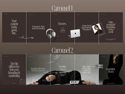 Two carousel slides with text and images on a dark background