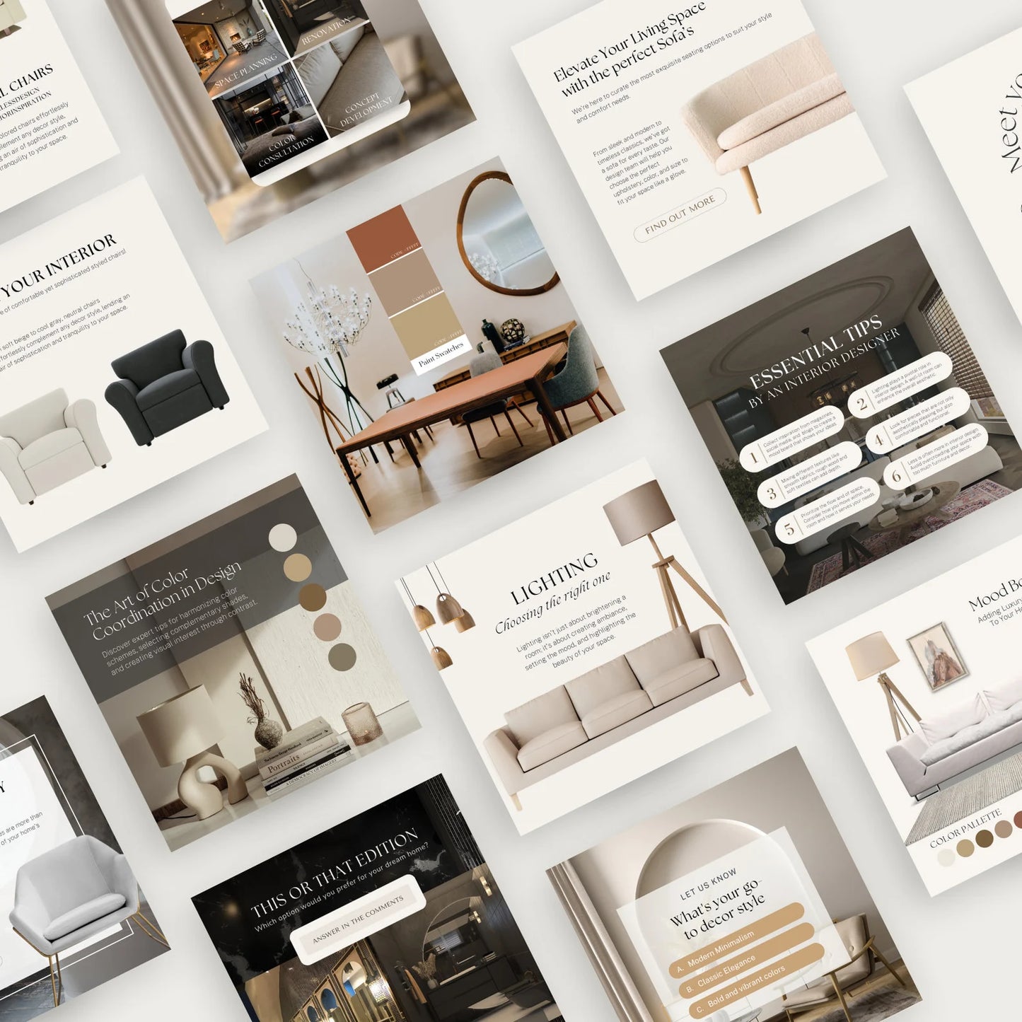 Collage of interior design brochures with images of furniture and decor.