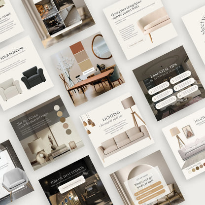 Collage of interior design brochures with images of furniture and decor.