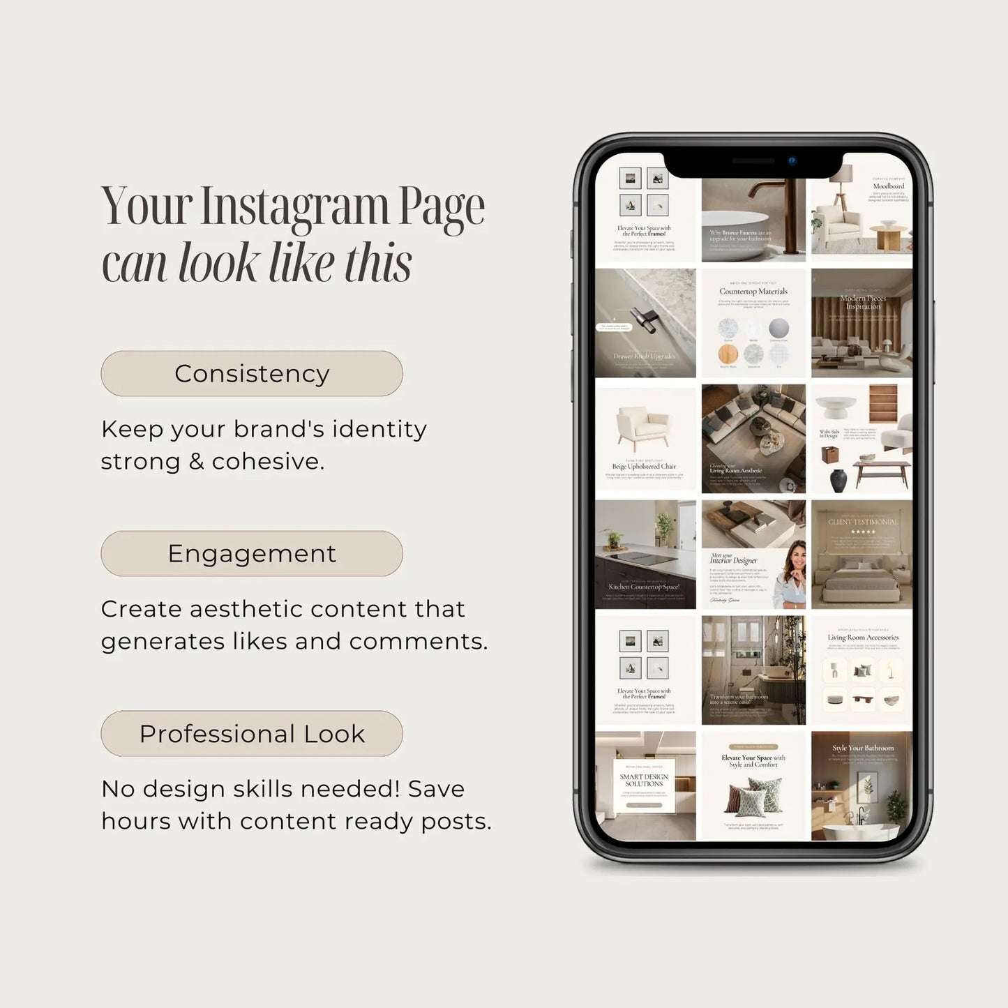 Smartphone displaying a well-organized Instagram feed with text on consistency, engagement, and professional look.