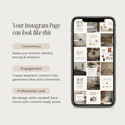 Smartphone displaying a well-organized Instagram feed with text on consistency, engagement, and professional look.
