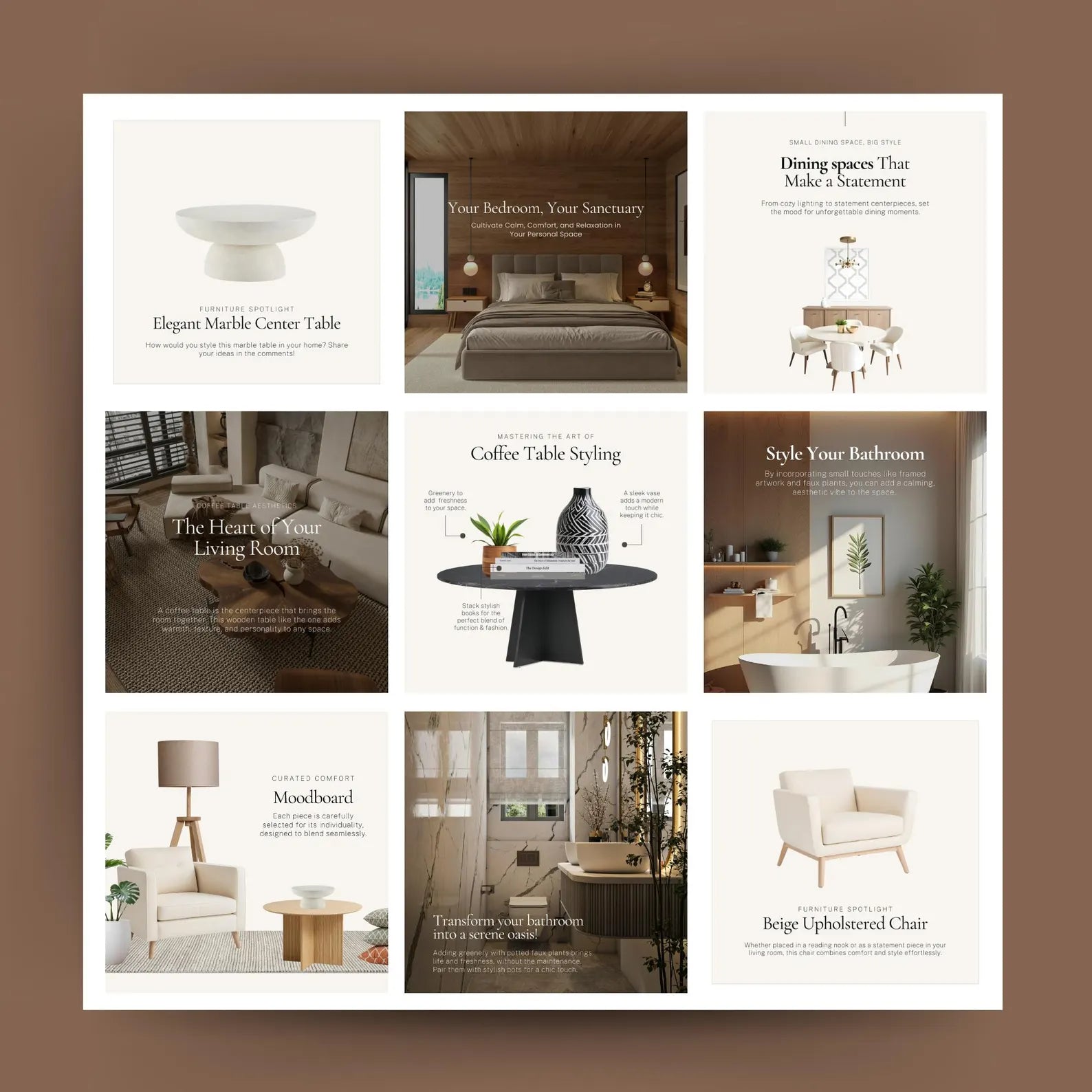 Collage of interior design images with text on a brown background