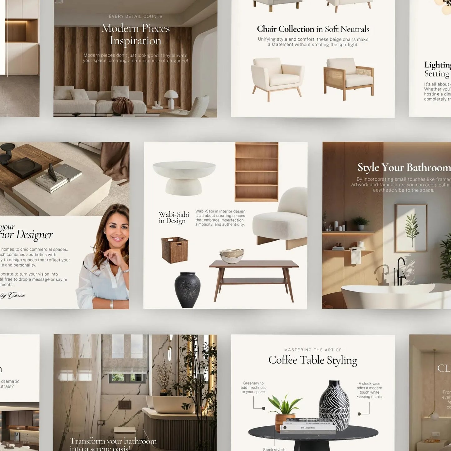 Collage of interior design images with furniture and decor elements.