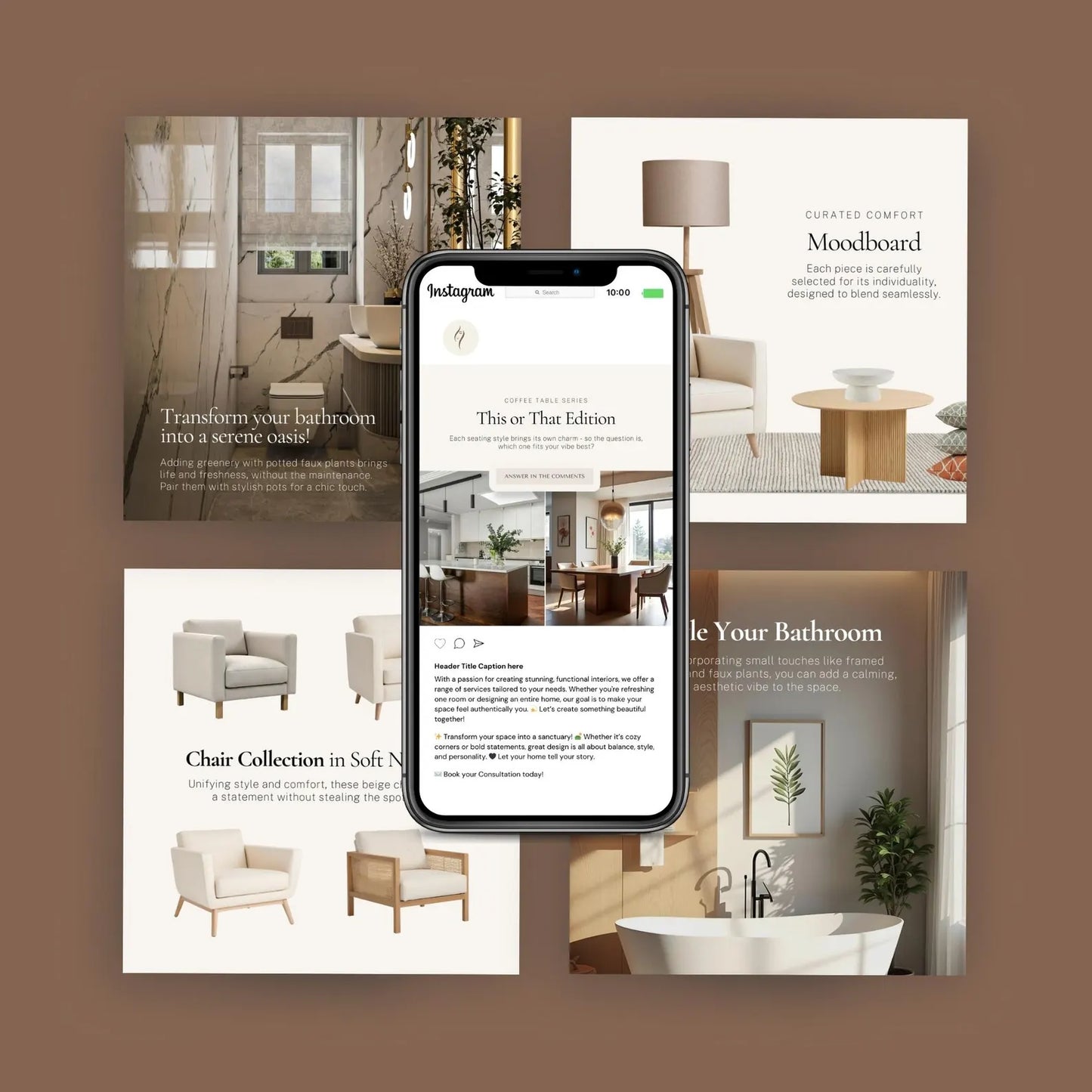 Smartphone displaying a lifestyle app with interior design images on a brown background