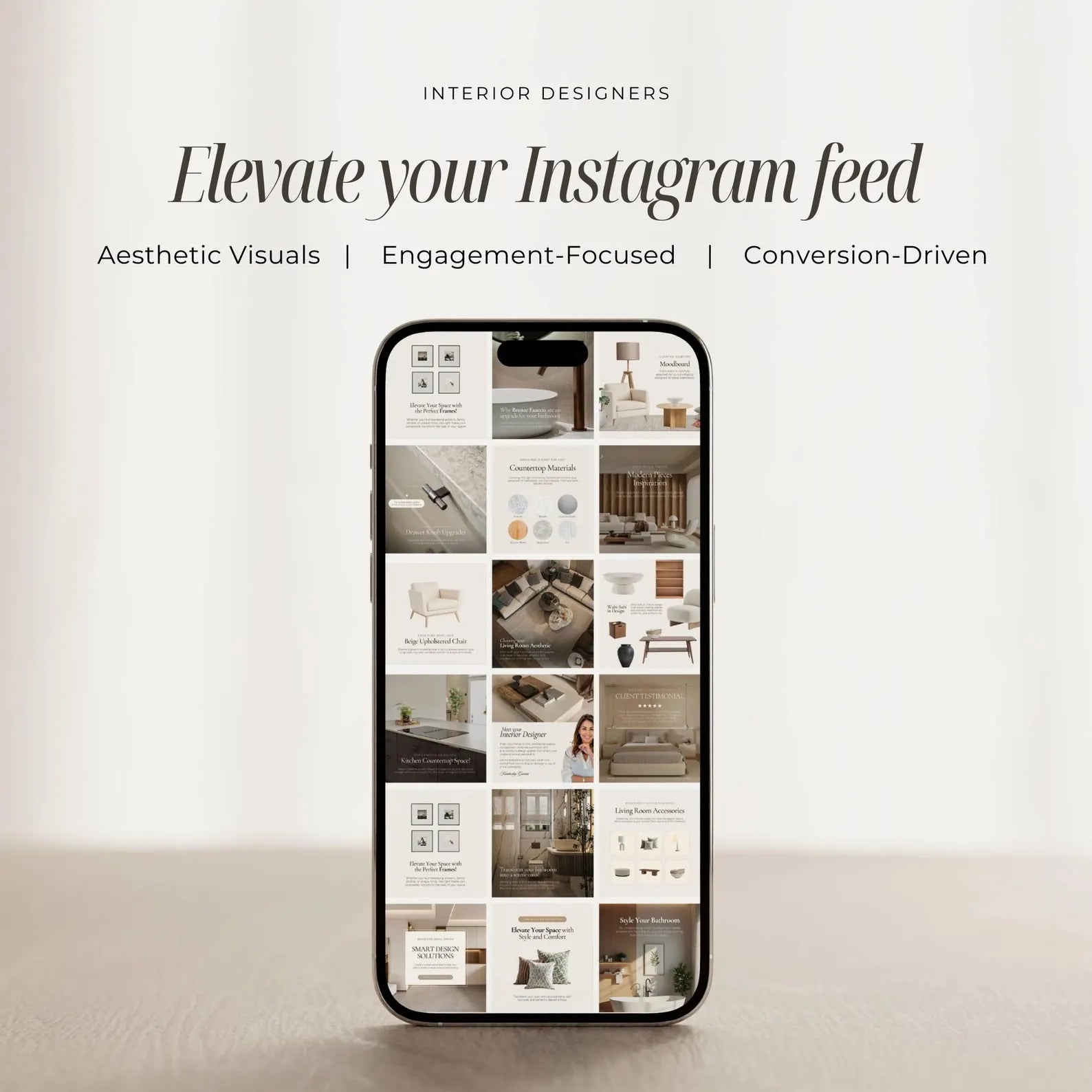 Phone screen displaying interior design images with promotional text about Instagram feed elevation.