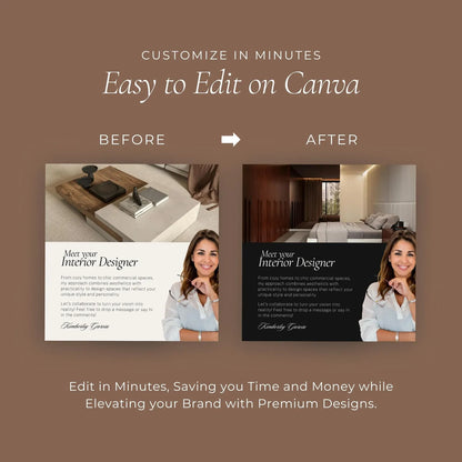 Before and after comparison of a design on Canva with text about customization and editing.