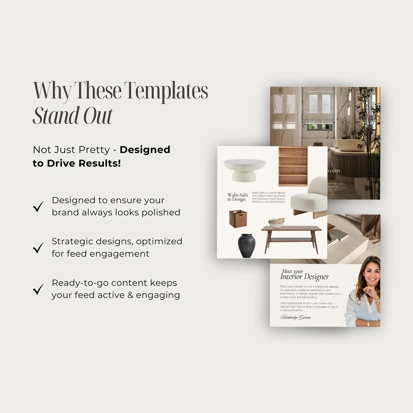 Promotional graphic for interior design templates with text and images of home decor.
