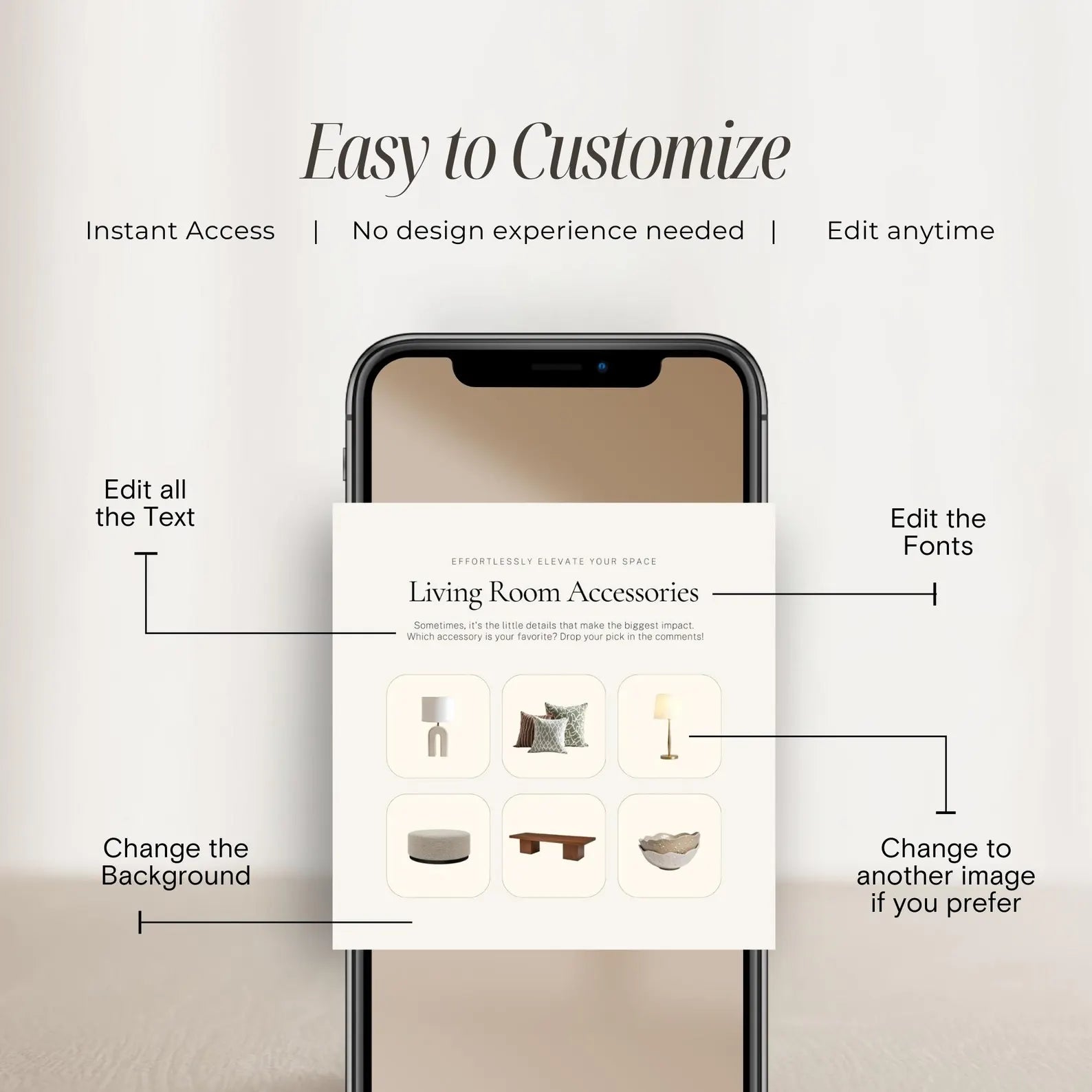 Smartphone displaying a design app interface with customization options on a light gray background.