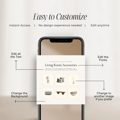 Smartphone displaying a design app interface with customization options on a light gray background.