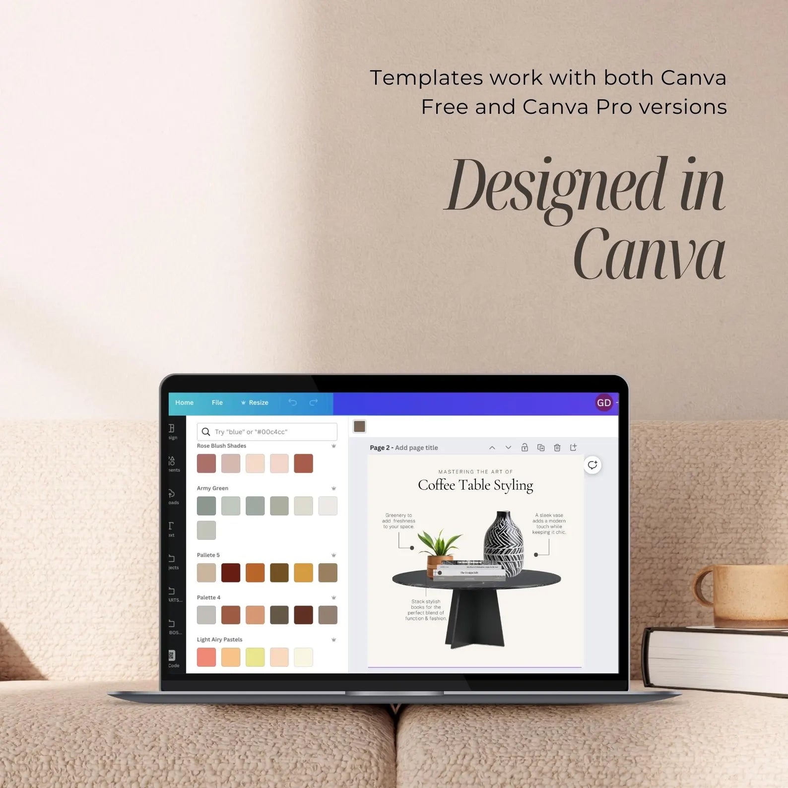 Laptop on a couch displaying Canva design software with text about template compatibility.