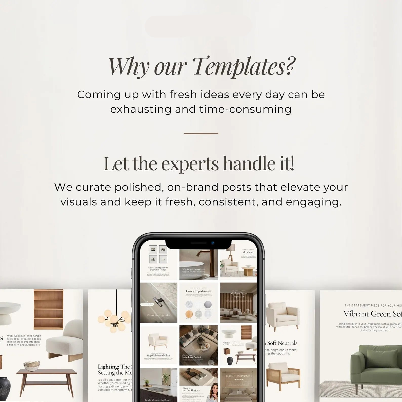 Phone screen displaying interior design images with promotional text about Design Lush Studio's template services.