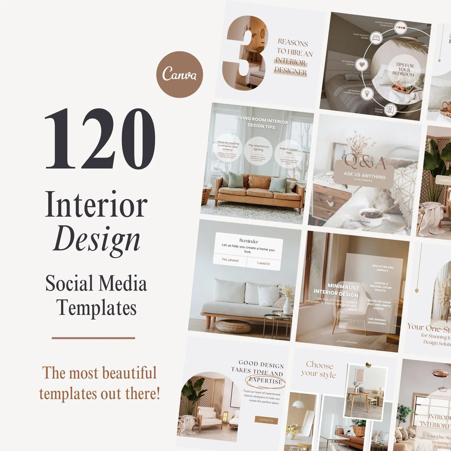 Promotional image for 120 interior design social media templates with Canva branding.