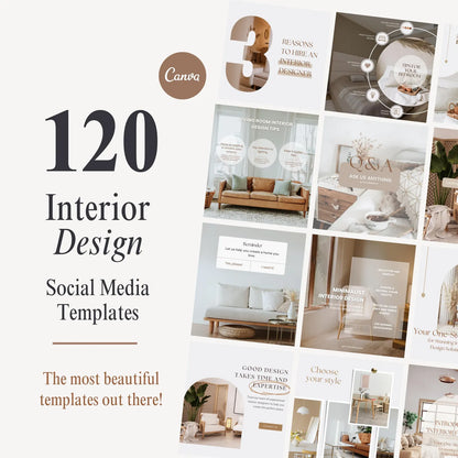 Promotional image for 120 interior design social media templates with Canva branding.