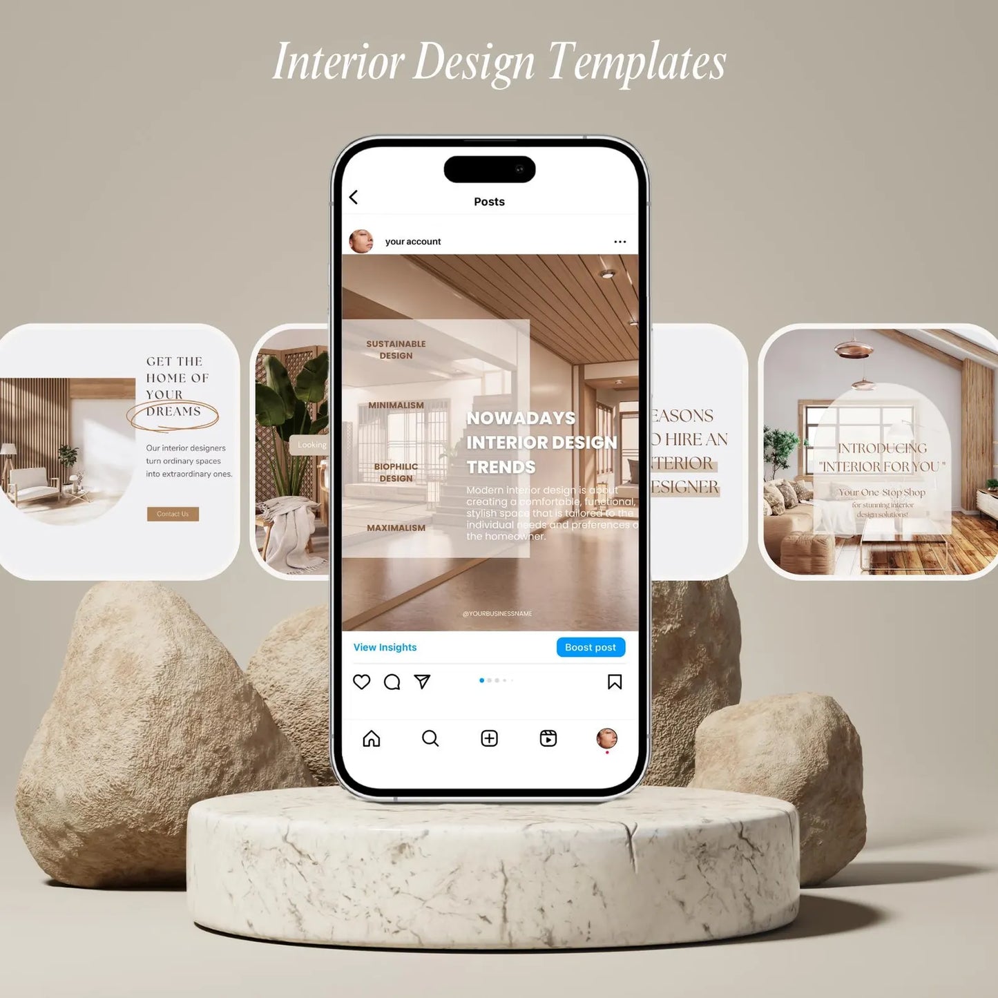 Phone displaying interior design app with stone and marble elements in the background