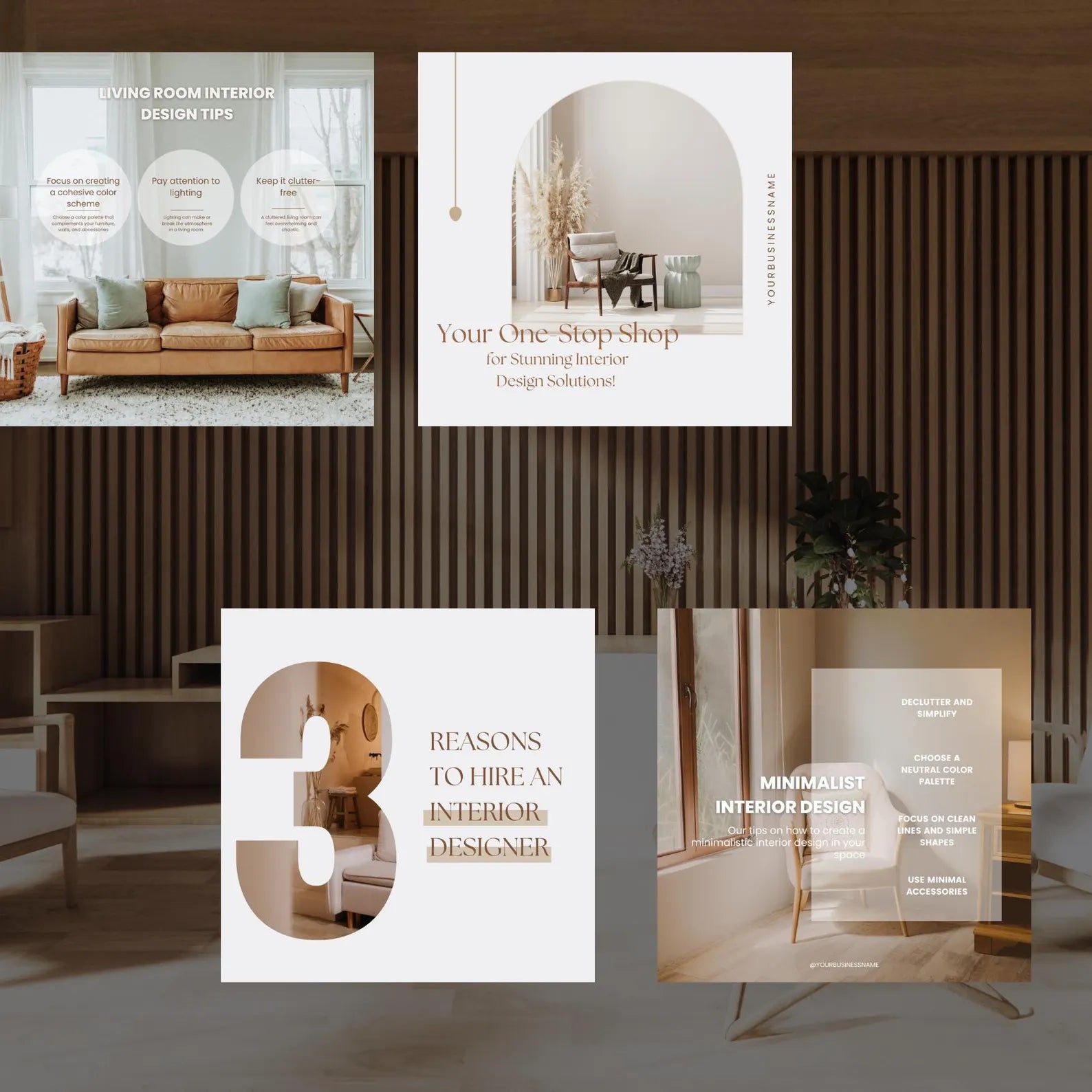 Collage of interior design brochures with lifestyle images and text on a wooden wall background.