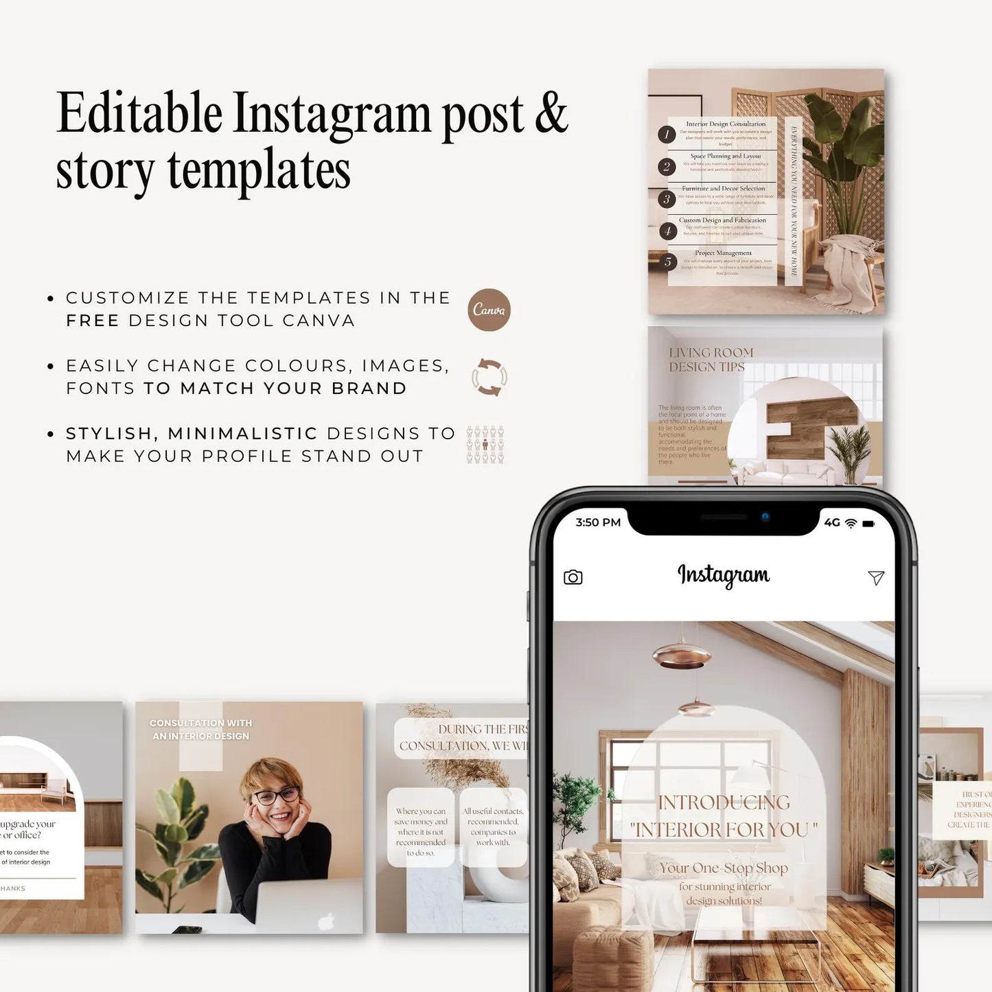 Phone displaying Instagram posts with design templates and text about customizable Canva tools.