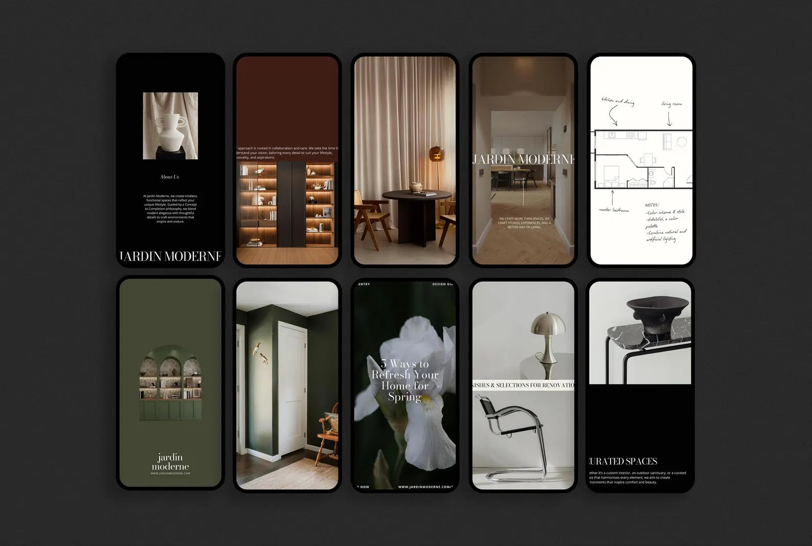 Grid of smartphone screens displaying various interior design images and branding.