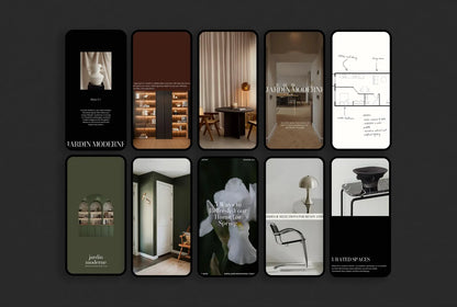 Grid of smartphone screens displaying various interior design images and branding.