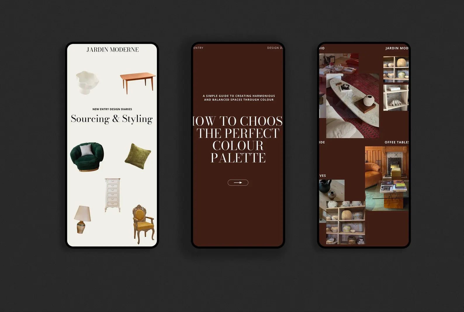Three smartphone screens displaying interior design content on a dark background