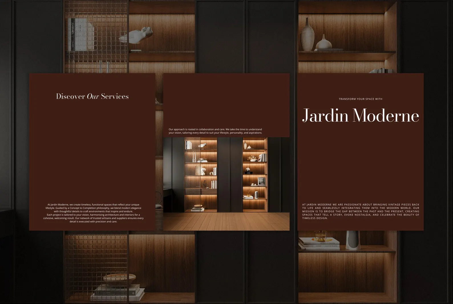 Modern interior design showroom with 'Jardin Moderne' branding.