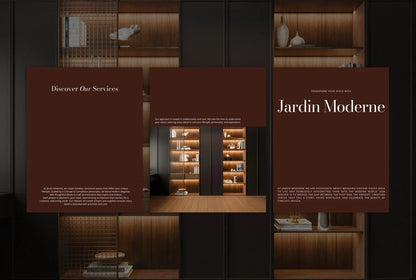 Modern interior design showroom with 'Jardin Moderne' branding.