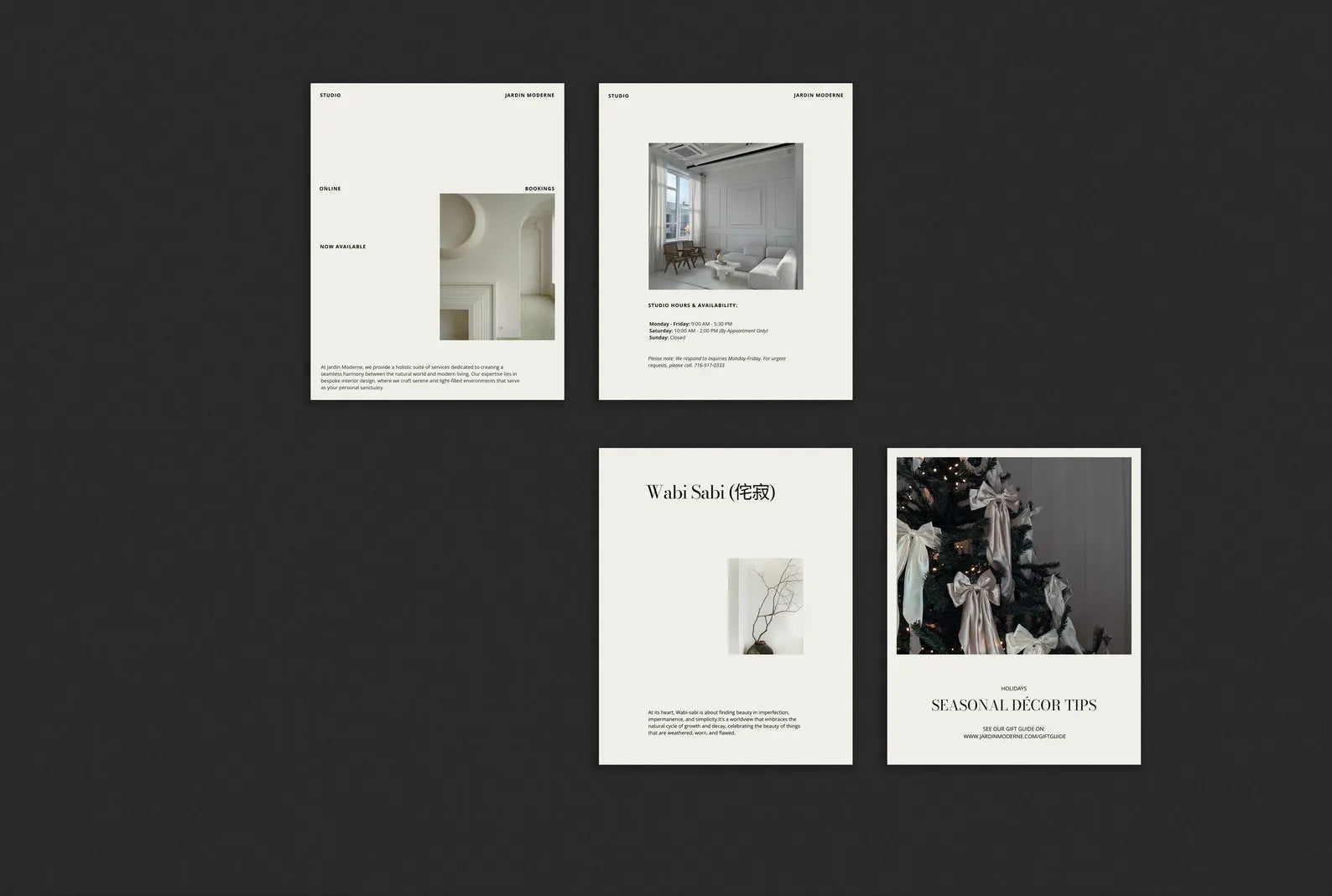 Four white frames with black and white images on a dark background