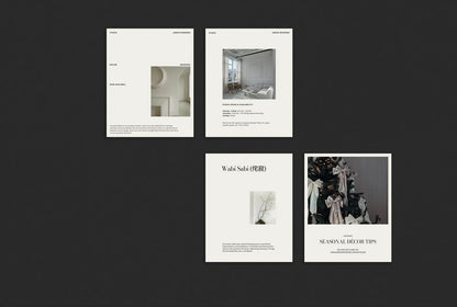 Four white frames with black and white images on a dark background
