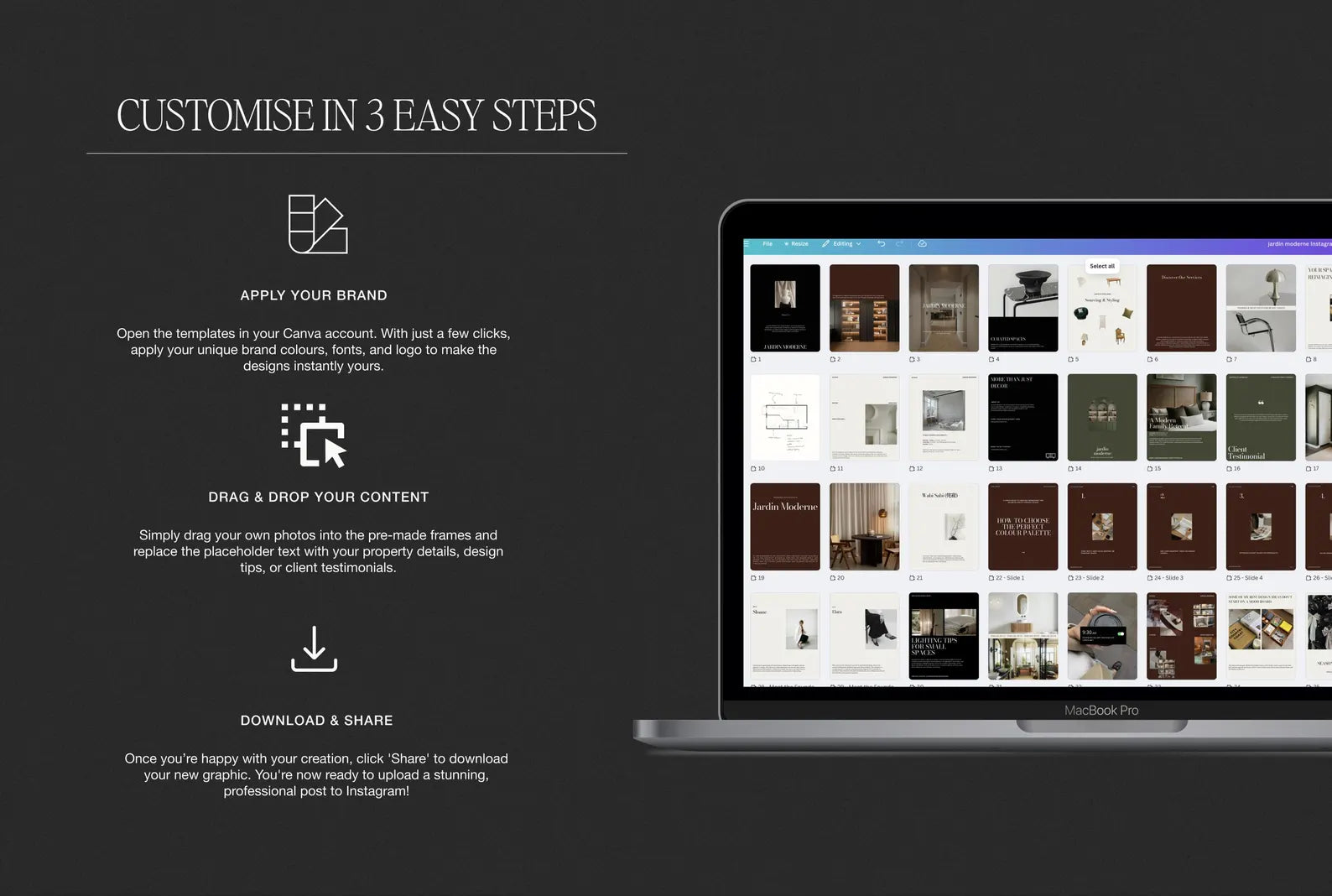 Laptop displaying a design software interface with customization steps on a black background
