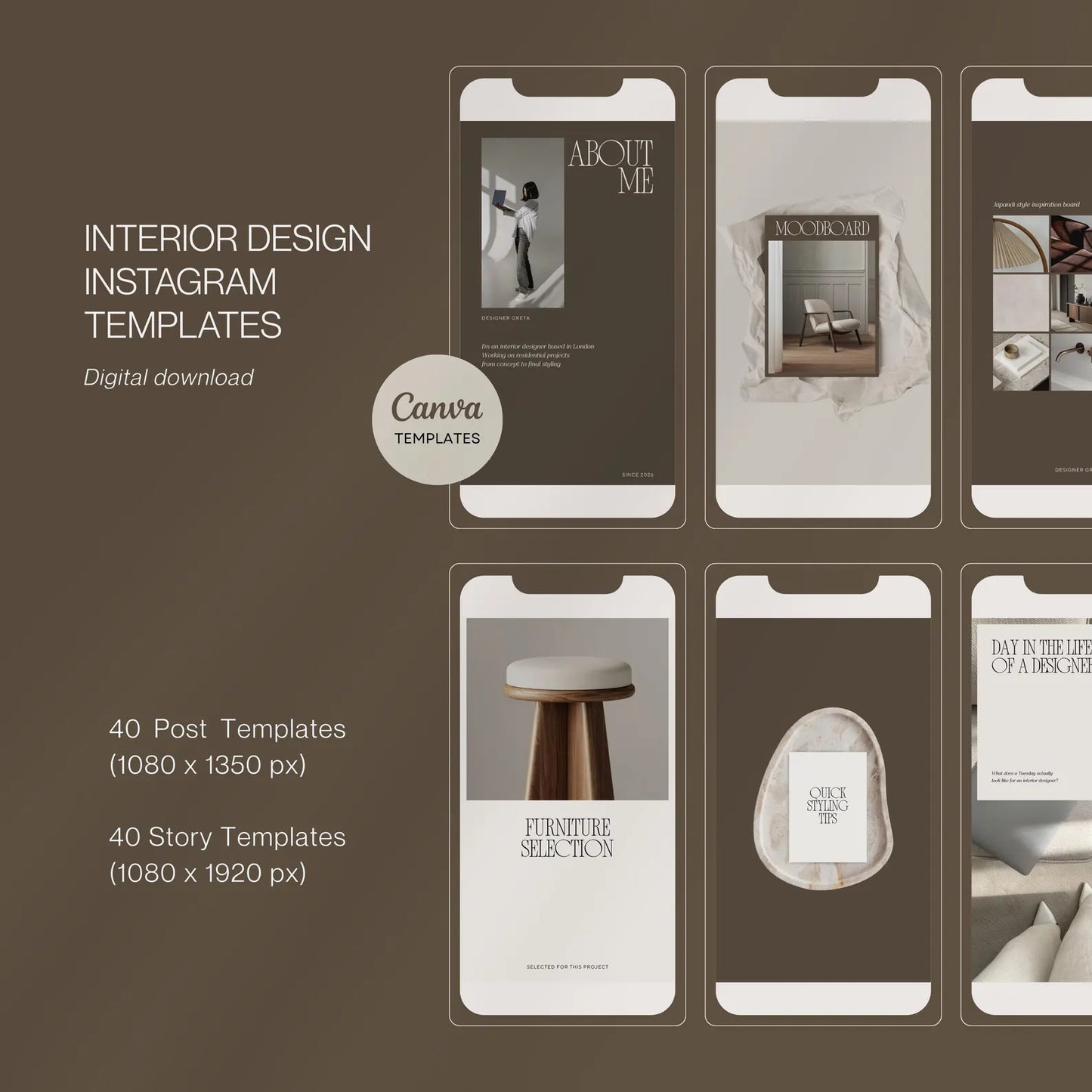 Collection of interior design Instagram templates on a brown background with Canva branding.