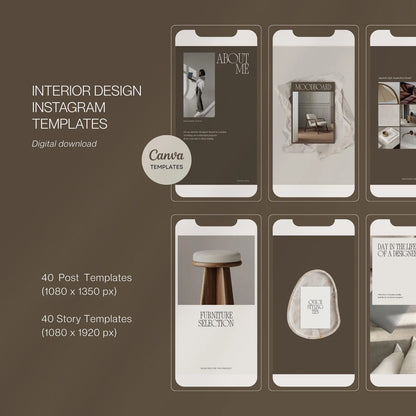 Collection of interior design Instagram templates on a brown background with Canva branding.