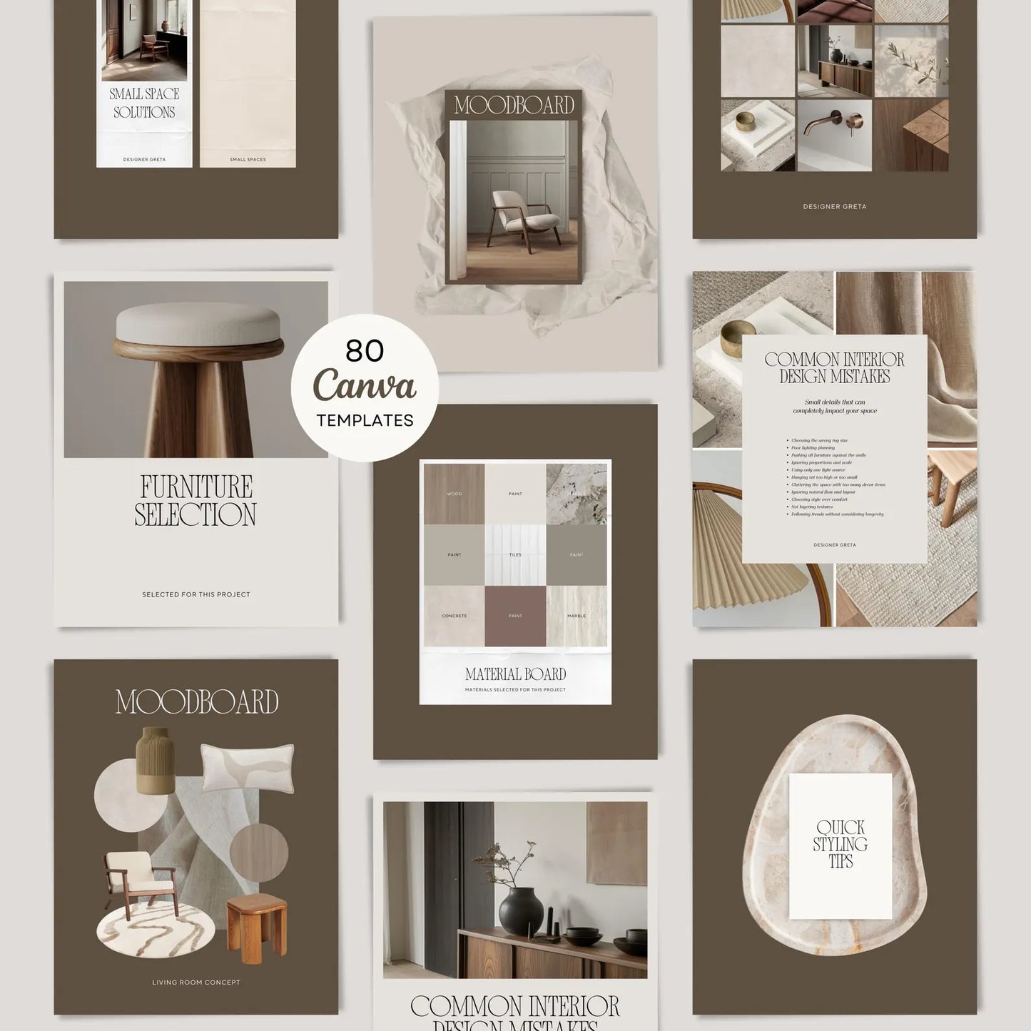 Collection of interior design templates with '80 Canva Templates' label on a light gray background.