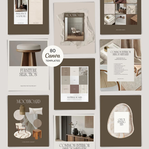 Collection of interior design templates with '80 Canva Templates' label on a light gray background.