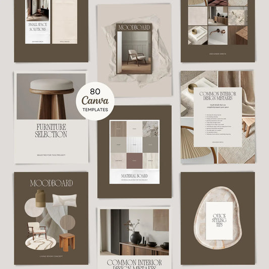 Collection of interior design templates with '80 Canva Templates' label on a light gray background.
