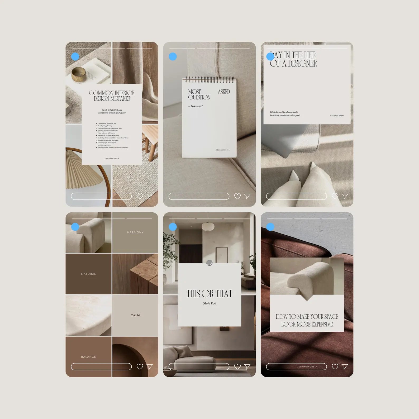 Collage of interior design images with text overlays on a light gray background